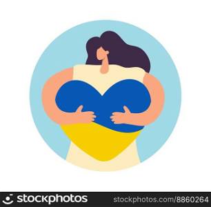 Woman people hugs a heart with the colors of the flag of Ukraine Support, No war in the form of a circle sticker. Stay with blue and yellow hugging heart concept.. Woman people hugs a heart with the colors of the flag of Ukraine Support, No war in the form of a circle sticker. Stay with blue and yellow hugging heart concept