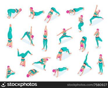 Woman performing stretch fitness gym yoga workout exercises lotus position isometric icons set green wear vector illustration