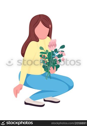 Woman picking flowers semi flat color vector character. Dynamic figure. Full body person on white. Recreation in spring isolated modern cartoon style illustration for graphic design and animation. Woman picking flowers semi flat color vector character