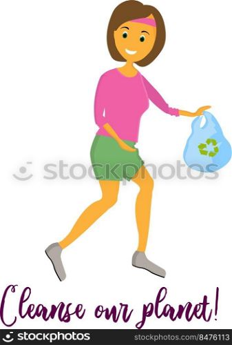 Woman picking up plastic bottles with label, glass and aluminum waste, rotten apple, the process of placing garbage in the bag vector illustration package. Woman picking up plastic bottles with label, glass and aluminum waste, rotten apple, the process of placing garbage in the bag vector illustration package.