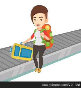Woman picking up suitcase on conveyor belt at airport. Woman collecting luggage at conveyor belt. Woman taking luggage at conveyor belt. Vector flat design illustration isolated on white background.. Woman picking up suitcase on luggage conveyor belt