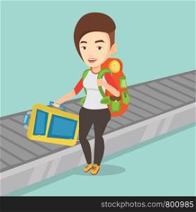 Woman picking up suitcase on luggage conveyor belt at airport. Woman collecting her luggage at conveyor belt. Woman taking luggage at conveyor belt. Vector flat design illustration. Square layout.. Woman picking up suitcase on luggage conveyor belt