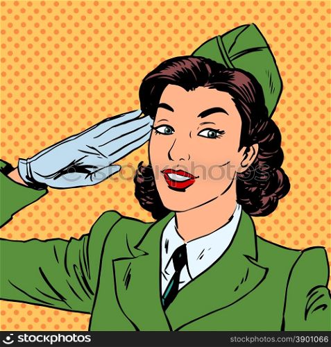Woman pilot stewardess shape salutes art comics retro style Hal. Woman pilot stewardess shape salutes art comics retro style Halftone. Imitation of old illustrations