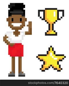Woman pixel character with symbols cup and star, portrait view of smiling female wearing dress waving hand, person with dark skin, pixelart vector. Pixelated business woman. Woman Superhero, Cup and Star, Pixel Game Vector