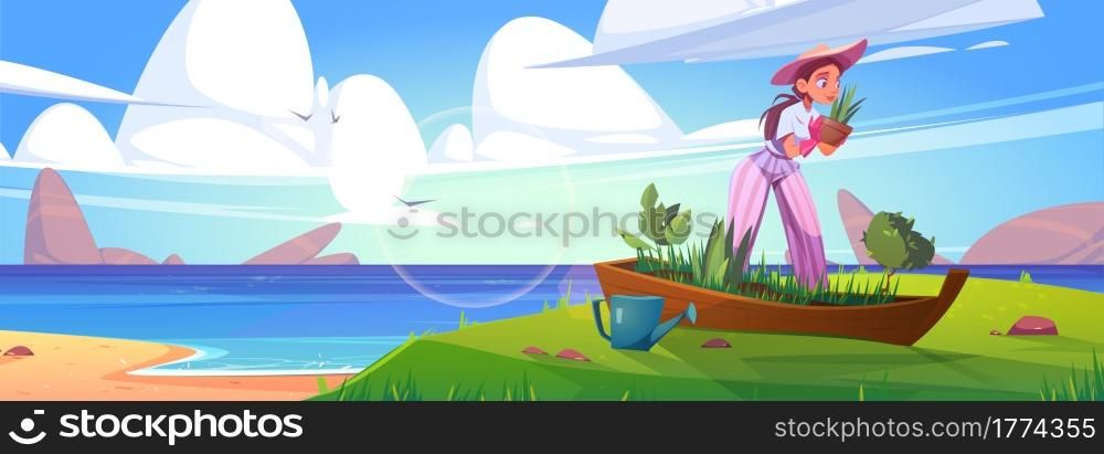 Woman planting flowers in old boat on sea beach. Vector cartoon summer landscape of sand ocean shore with broken ship in grass, watering can and girl in hat holding flower pot. Woman planting flowers in old boat on sea beach