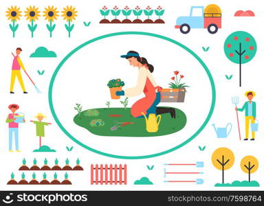 Woman planting flowers vector, farmer in frame, tractor and tree with apples, male with rake, sunflower plantation and fence, scarecrow farming. Farming Woman Planting Flowers Plantation Vector
