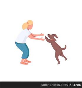 Woman play with dog flat color vector faceless characters. Female adult exercise with doggy. Domestic animal. Pet owner isolated cartoon illustration for web graphic design and animation. Woman play with dog flat color vector faceless characters