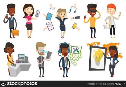 Woman playing action game on smartphone. Woman playing with her mobile phone outdoor. Woman using smartphone for playing games. Set of vector flat design illustrations isolated on white background.. Vector set of people using modern technologies.