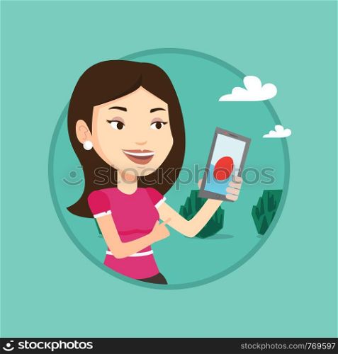 Woman playing action game on smartphone. Woman playing with her mobile phone outdoor. Woman using smartphone for playing games. Vector flat design illustration in the circle isolated on background.. Woman playing action game on smartphone.