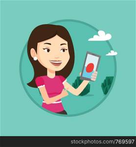 Woman playing action game on smartphone. Woman playing with her mobile phone outdoor. Woman using smartphone for playing games. Vector flat design illustration in the circle isolated on background.. Woman playing action game on smartphone.