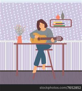 Woman playing guitar at home, hobby or leisure. Female guitarist holding instrument, sitting on chair, house-plant on table, dotted wallpaper, shelf vector. Guitarist at Home, Woman with Guitar, Hobby Vector