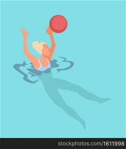 Woman playing in water polo throwing or catching ball. Pool or seaside activities for people, relaxation and healthy lifestyle of personage. Active blonde, sportive girl in water, vector in flat style. Water polo activities and games by seaside or pool