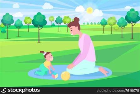 Woman playing with baby on mat outdoor, mother and daughter sitting on grass near trees, funny time, sunny weather, green nature and summertime vector. Mom and Daughter Outdoor, Playing in Park Vector