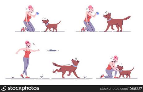 Woman playing with dog flat vector illustrations set. Active outdoor recreation. Happy caucasian girl and playful puppy isolated cartoon characters with outline elements on white background