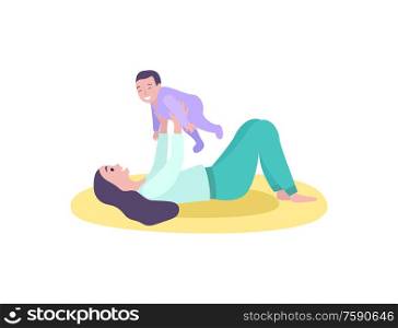 Woman playing with kid vector, mother and son flat style. Person laying on mat with kiddo wearing bodysuit, happy female holding baby laughing toddler. Mother Playing with Son, Childhood and Motherhood