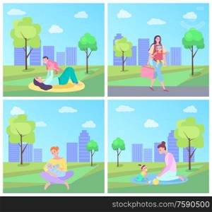 Woman playing with kid vector, people in city park having fun. Newborn child with mom, woman carrying handbag, feeding baby on nature with green trees. Baby and Mother Spending Time at City Park Set
