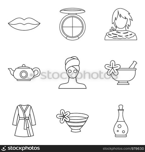 Woman pleasure icons set. Outline set of 9 woman pleasure vector icons for web isolated on white background. Woman pleasure icons set, outline style