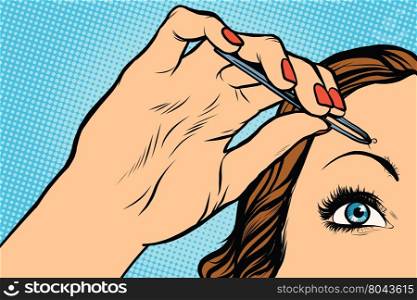 woman plucking eyebrows depilating with tweezers pop art retro vector. Makeup and beauty. woman plucking eyebrows depilating with tweezers
