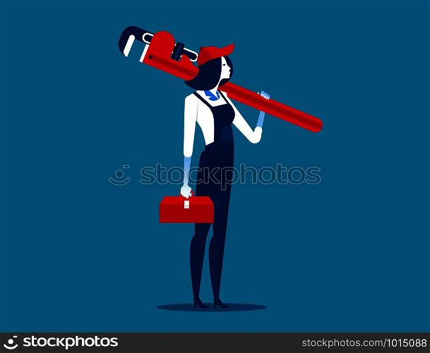 Woman plumber and large wrench. Concept career illustration.