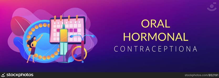 Woman poining at oral contraceptives, iud and bc injection. Female contraceptives, oral hormonal contraception, birth fertility control concept. Header or footer banner template with copy space.. Female contraceptives concept banner header.