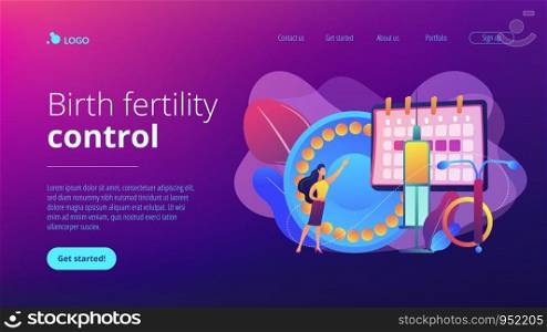 Woman poining at oral contraceptives, iud and bc injection. Female contraceptives, oral hormonal contraception, birth fertility control concept. Website vibrant violet landing web page template.. Female contraceptives concept landing page.