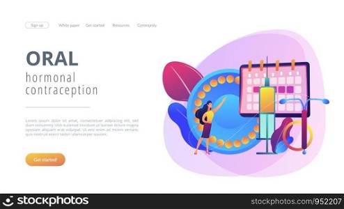 Woman poining at oral contraceptives, iud and bc injection. Female contraceptives, oral hormonal contraception, birth fertility control concept. Website vibrant violet landing web page template.. Female contraceptives concept landing page.