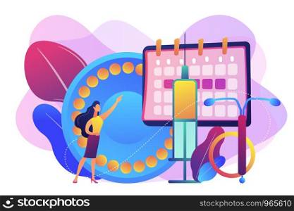 Woman poining at oral contraceptives, iud and bc injection. Female contraceptives, oral hormonal contraception, birth fertility control concept. Bright vibrant violet vector isolated illustration. Female contraceptives concept vector illustration.