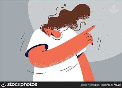 Woman point at deal or offer aside. Frustrated female show with finger at advertising spot. Recommendation and advertisement. Vector illustration. . Woman point at deal aside