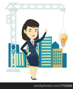 Woman pointing at idea light bulb hanging on crane. Architect having excellent idea in town planning. Concept of new ideas in architecture. Vector flat design illustration isolated on white background. Woman pointing at idea bulb hanging on crane.