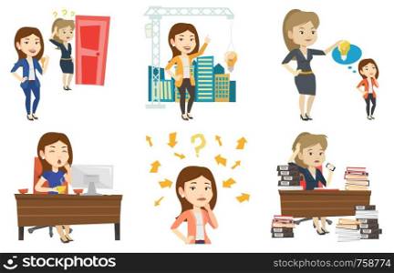 Woman pointing at idea light bulb hanging on crane. Architect having idea in town planning. Concept of new ideas in architecture. Set of vector flat design illustrations isolated on white background.. Vector set of business characters.