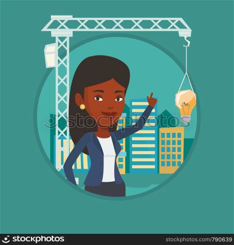 Woman pointing at idea light bulb hanging on crane. Architect having idea in town planning. Concept of new ideas in architecture. Vector flat design illustration in the circle isolated on background.. Businesswoman having business idea.