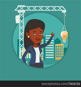 Woman pointing at idea light bulb hanging on crane. Architect having idea in town planning. Concept of new ideas in architecture. Vector flat design illustration in the circle isolated on background.. Businesswoman having business idea.