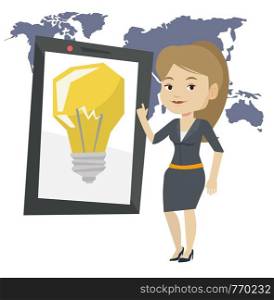 Woman pointing at tablet computer with a idea bulb on a screen. Busineswoman standing near tablet computer on the background of world map. Vector flat design illustration isolated on white background.. Woman pointing at big tablet computer.