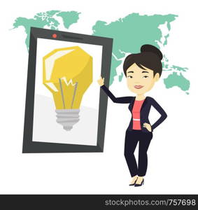 Woman pointing at tablet computer with a light bulb on a screen. Busineswoman standing near tablet computer on the background of map. Vector flat design illustration isolated on white background.. Woman pointing at big tablet computer.