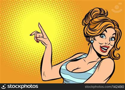 woman pointing finger. Comic cartoon pop art retro vector illustration drawing. woman pointing finger