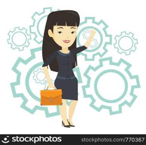 Woman pointing finger up because she came up with business idea. Business woman having business idea. Successful business idea concept. Vector flat design illustration isolated on white background.. Successful business idea vector illustration.