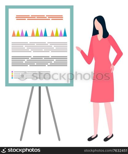 Woman pointing on board tripod, financial statistics and sales. Cartoon person presents report about sales and buys, financier or broker at conference. Vector illustration in flat cartoon style. Woman Points on Board Tripod, Financial Statistics