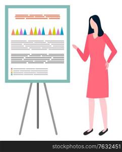 Woman pointing on board tripod, financial statistics and sales. Cartoon person presents report about sales and buys, financier or broker at conference. Vector illustration in flat cartoon style. Woman Points on Board Tripod, Financial Statistics