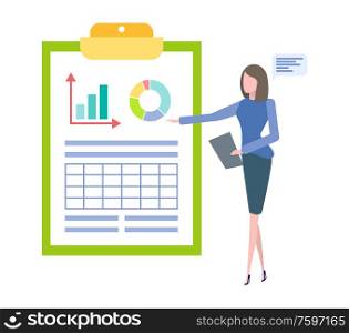 Woman pointing on diagram at flipchart isolated. Vector business lady with pointer folder with diagrams and graphs. Statistics and analytics, data reporting. Woman Pointing on Diagram at Flipchart Isolated