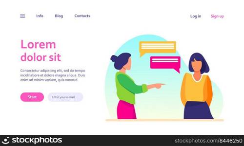 Woman pointing to girl and talking with her. Hand, forefinger, speech bubble flat vector illustration. Communication and conversation concept for banner, website design or landing web page