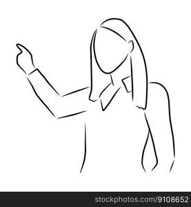 Woman points her finger, vector. Hand drawn sketch. A woman in a blouse points her finger to the side.