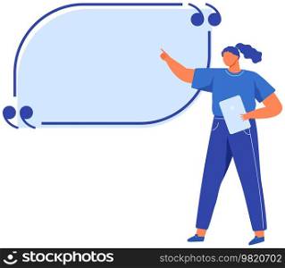 Woman points to huge speech bubble vector illustration. Communication, dialogue, conversation symbol. Free talk, colloquial speech concept. Lady says phrase, saying. Bubble for text with conversation. Woman points to huge speech bubble. Communication, dialogue, conversation, free talk symbol