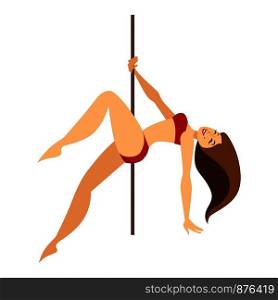 Woman pole dancer dancing on pole. Vector girl in red bikini on pole or making striptease poses. Woman pole dancer dancing on vector pole