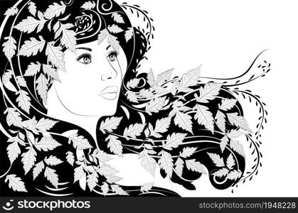 Woman portrait with autumn leaves in hair, black and white illustration.