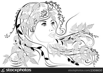 Woman portrait with autumn leaves in hair, black and white illustration.