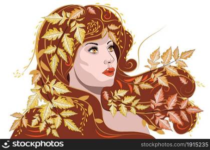 Woman portrait with autumn leaves in hair illustration.