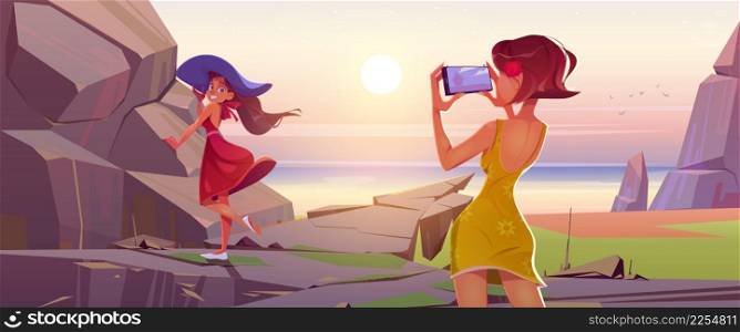 Woman posing for photo shoot on nature landscape with mountains and sea view. Girls in summer dresses photographing each other on mobile phone at background with rocks, Cartoon vector illustration. Woman posing for photo shoot on nature landscape