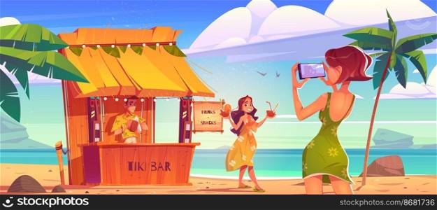 Woman posing on beach for photo shoot with cocktails in hands near tiki hut bar with barman. Young girls in summer dresses photographing on ocean coastline with palm trees, Cartoon vector illustration. Woman posing for mobile photo shoot with cocktails