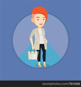 Woman posing on catwalk during fashion event. Model walking on catwalk during fashion week. Woman on catwalk during fashion show. Vector flat design illustration in the circle isolated on background.. Woman posing on catwalk during fashion show.