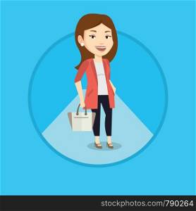 Woman posing on fashion event. Female model walking along catwalk during fashion week. Woman on catwalk during fashion show. Vector flat design illustration in the circle isolated on background.. Woman posing on catwalk during fashion show.